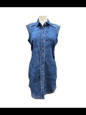 [Tribal]Blue Denim Button Down Floral-Print Sleeveless Button Midi Dress  Medium